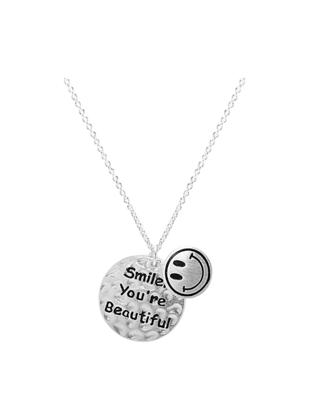 Silver Modern Metallic Tiny Smile You're Beautiful Happy Face Pendant Necklace